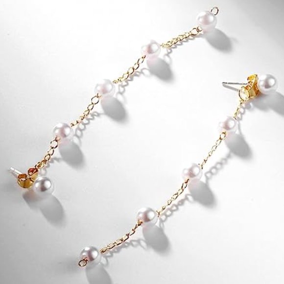 4" Long Pearl Gold Chain Earrings Bridal Bride Chains Faux Pearls Wedding New - Picture 4 of 4